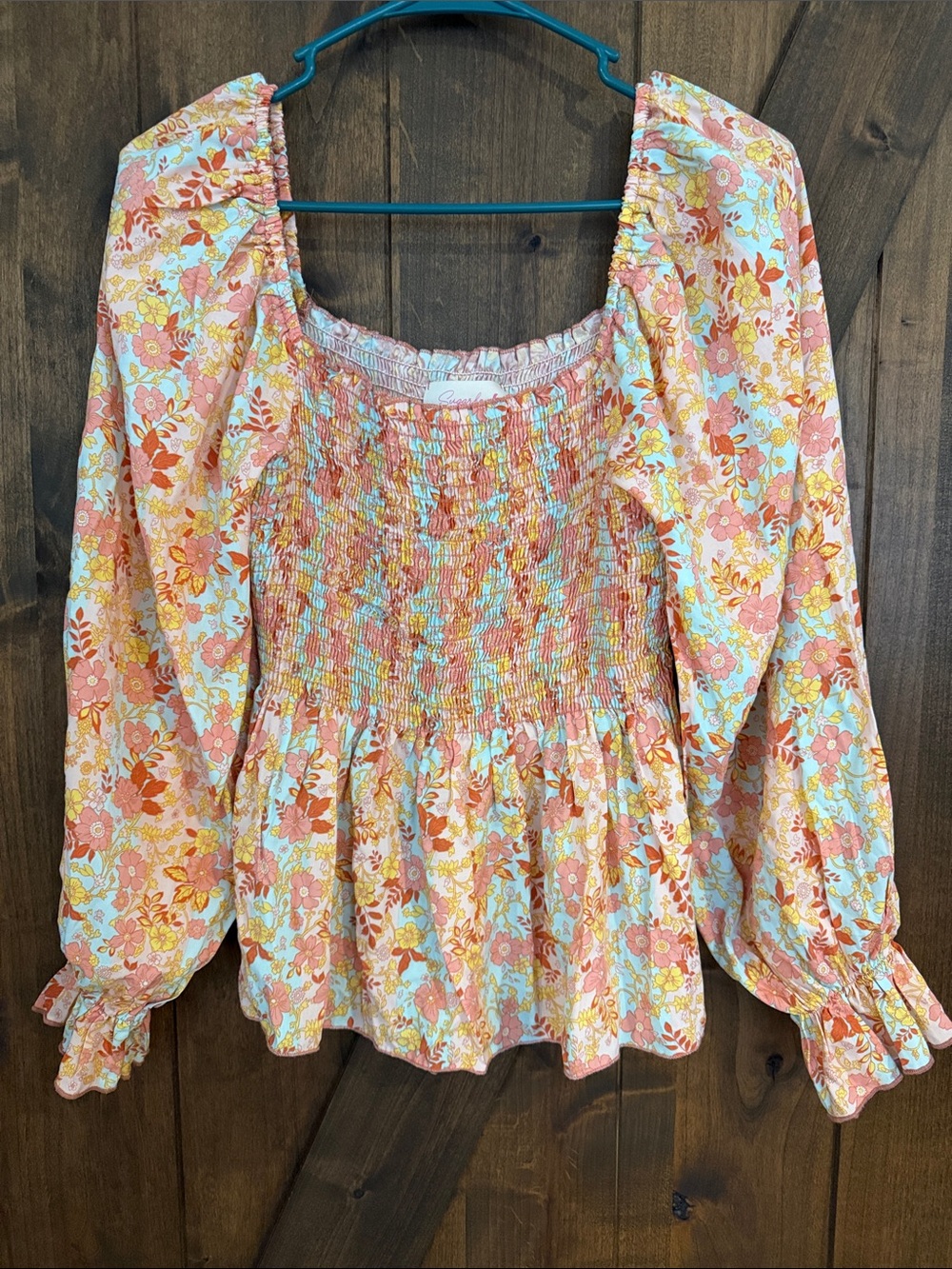 Smocked Floral Peasant Blouse - Pink Multi